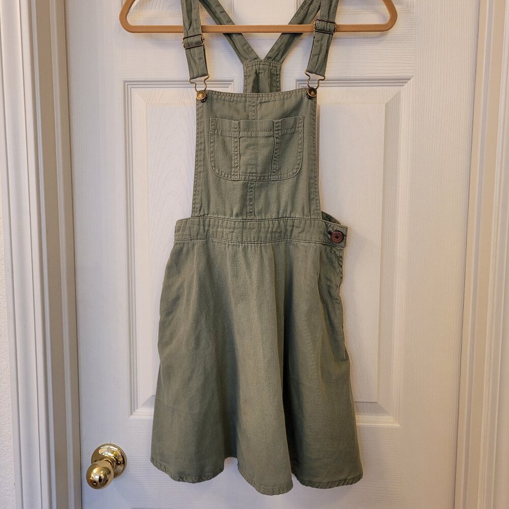 Small olive green denim overall dress with pockets